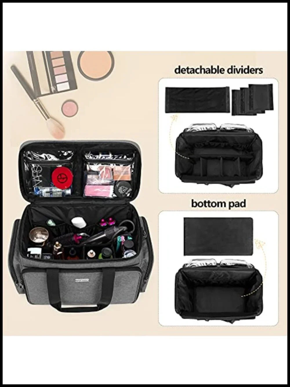 Large Travel Makeup Bag with Removable Dividers, Nylon Cosmetic Case